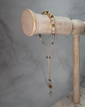 Load image into Gallery viewer, Sheet Music Slider Knot Paper Bead Bracelet w/ pink/green glass spacer beads & silver music note charm