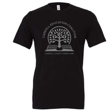 Load image into Gallery viewer, Carroll education coalition- black unisex tee with gray design