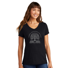 Load image into Gallery viewer, Carroll education coalition- black ladie's fit vneck tee with gray design