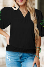 Load image into Gallery viewer, Embroidered Notched Puff Sleeve Blouse