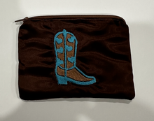 Load image into Gallery viewer, Blue and Brown Cowgirl Boot Satin Zipper Pouch