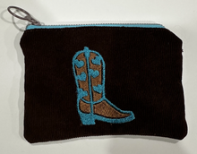 Load image into Gallery viewer, Blue and Brown Cowgirl Boot Satin Zipper Pouch