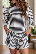 Load image into Gallery viewer, Striped Round Neck Long Sleeve Top and Shorts Set