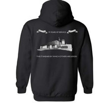 Load image into Gallery viewer, black hooded sweatshirt- Banneker fire station 55th anniversary shirt