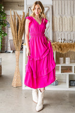 Load image into Gallery viewer, Reborn J V-Neck Ruffle Trim Tiered Midi Dress