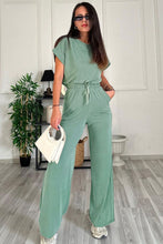 Load image into Gallery viewer, Round Neck Short Sleeve Top and Drawstring Pants Set