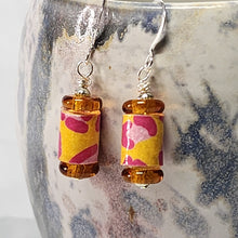 Load image into Gallery viewer, Cheetah Print Pink & Yellow Paper Bead Earrings - 1-1/2" drop