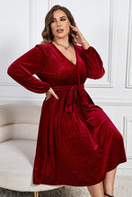 Load image into Gallery viewer, Plus Size Surplice Neck Balloon Sleeve Tie Belt Midi Dress