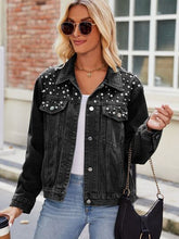 Load image into Gallery viewer, Pearl Detail Collared Neck Long Sleeve Denim Jacket