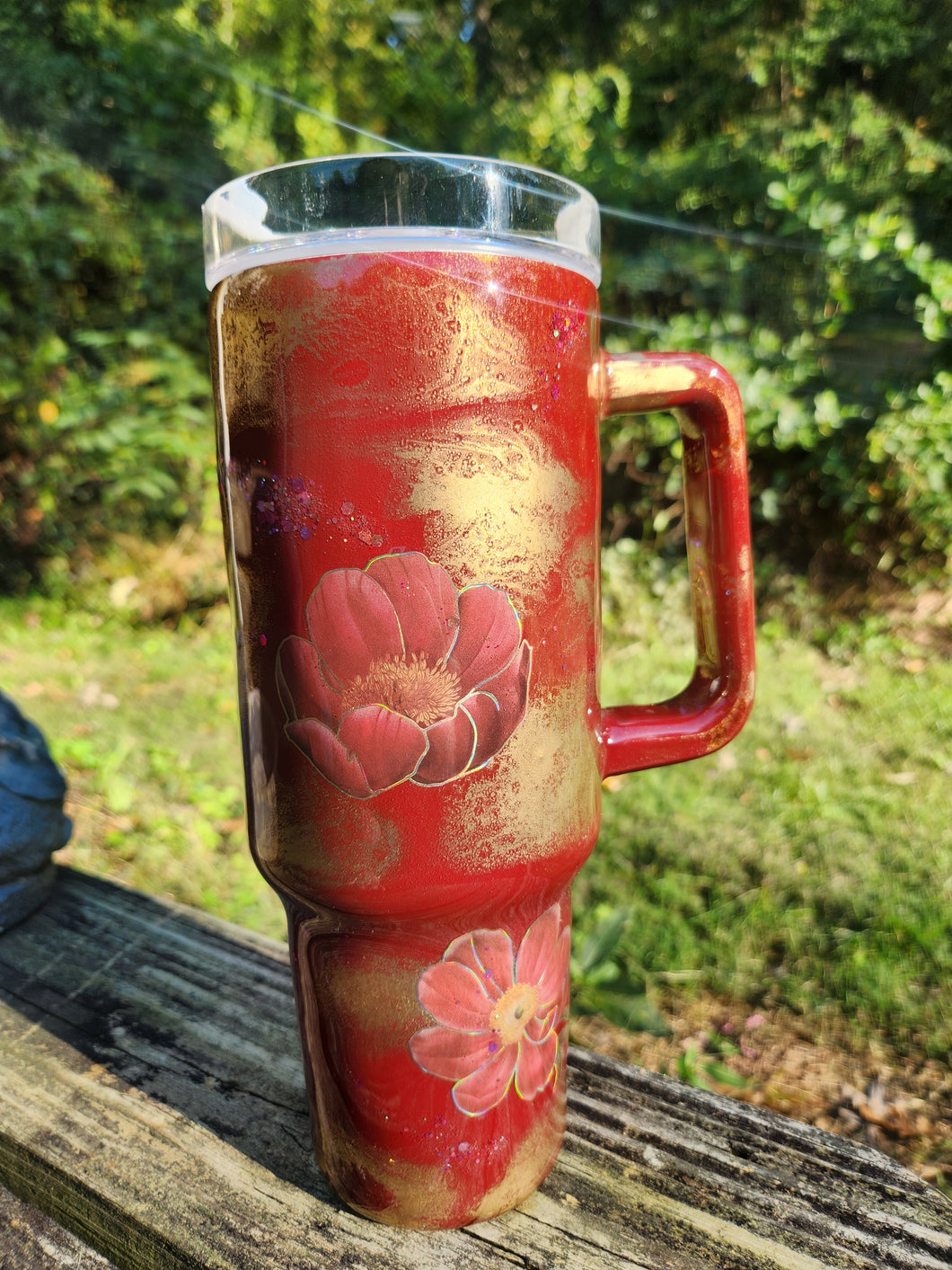 Burgundy Floral Tumbler with Handle 40 oz.