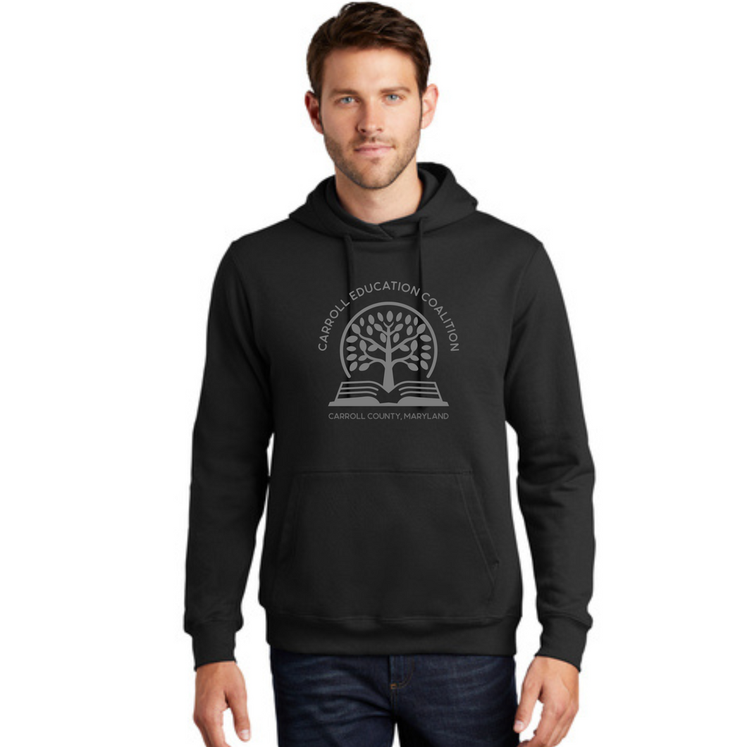 Carroll education coalition- black hooded sweatshirt with gray design