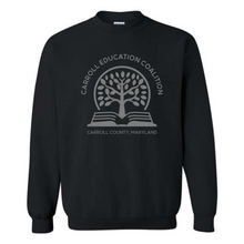 Load image into Gallery viewer, Carroll education coalition- black crewneck sweatshirt with gray design

