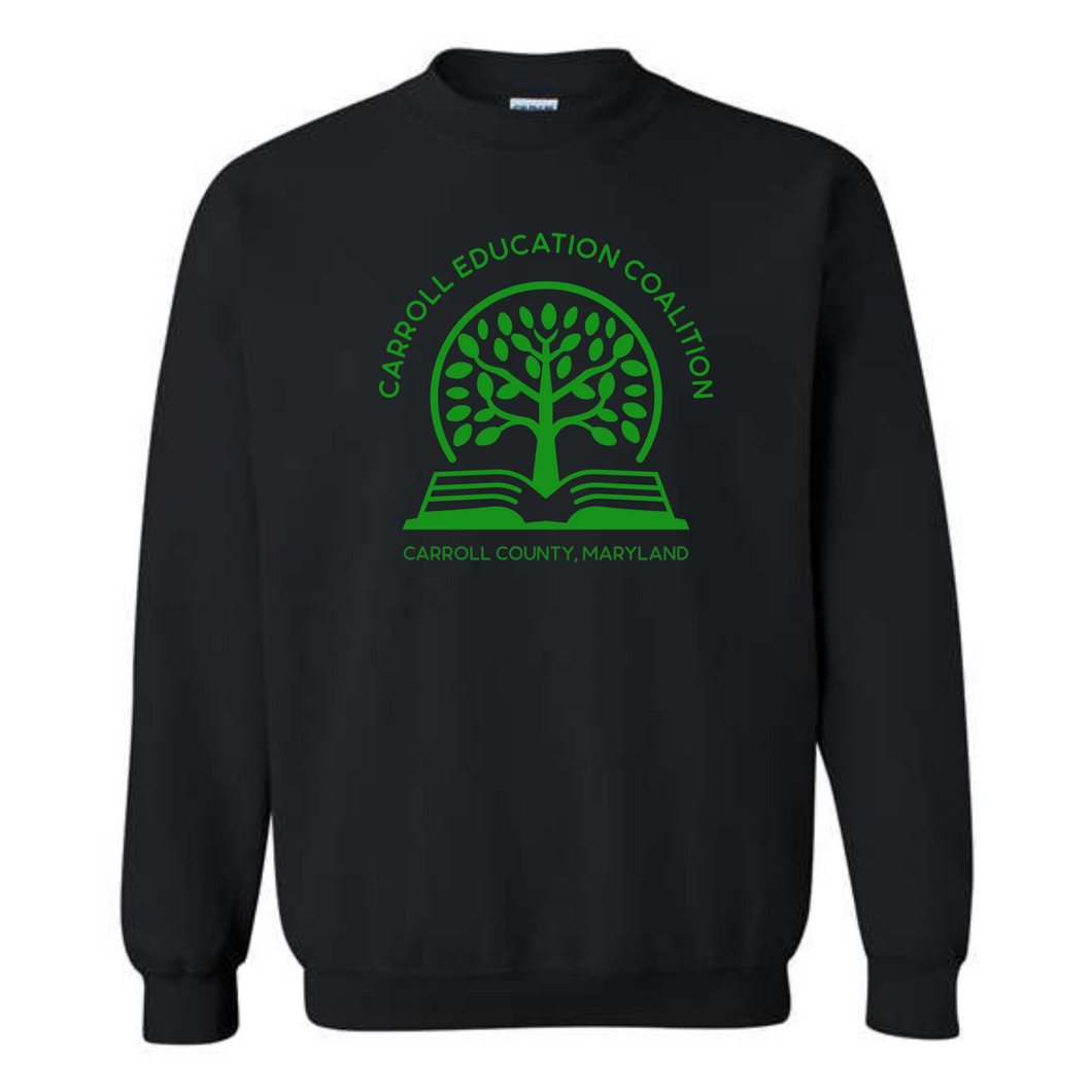 Carroll education coalition- black crewneck sweatshirt with green design