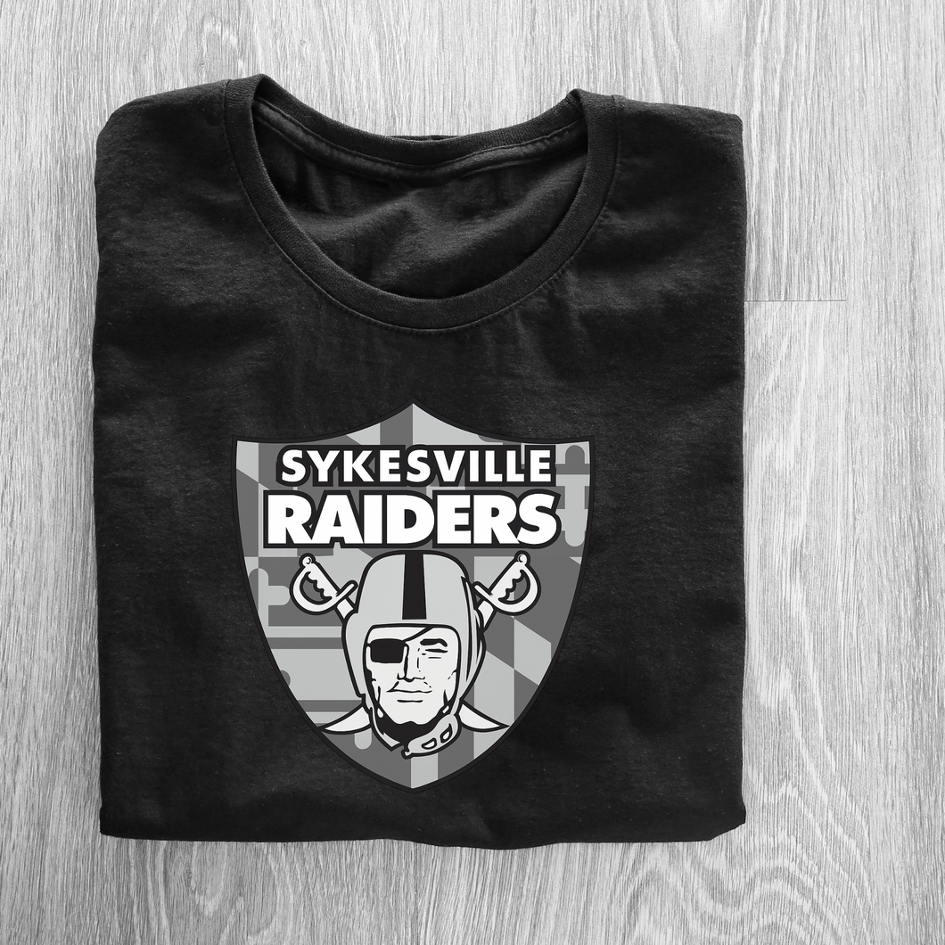 Sykesville Raiders MD emblem-  tee, long sleeve, hoodie, crewneck -black
