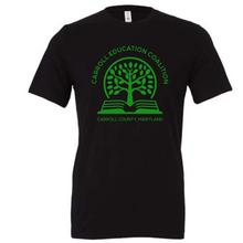Load image into Gallery viewer, Carroll education coalition- black unisex tee  with green design
