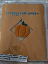 Load image into Gallery viewer, Happy Halloween Blank Card with Fused Glass Pumpkin
