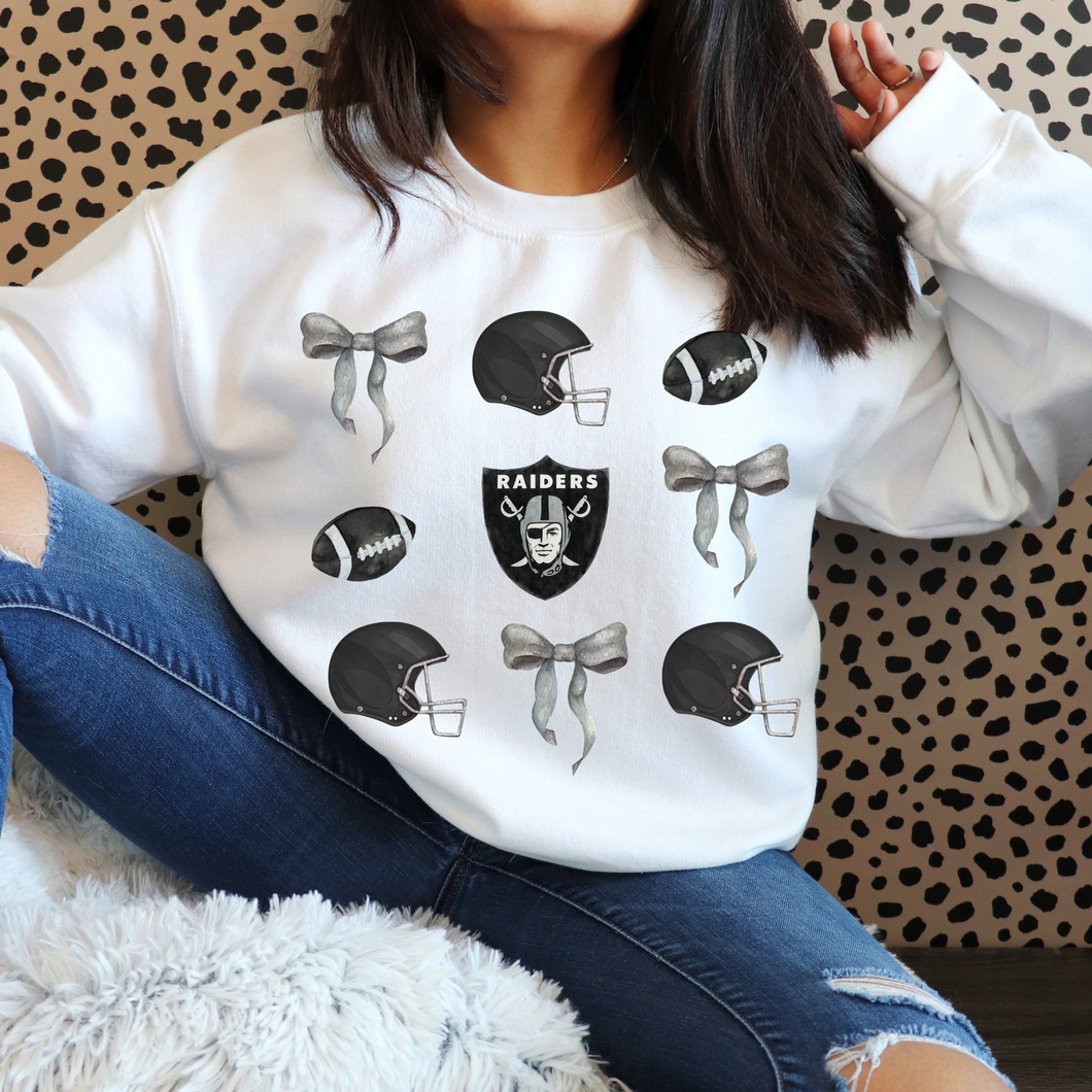 Sykesville Raiders football watercolor bows-  tee, long sleeve, hoodie, crewneck-white