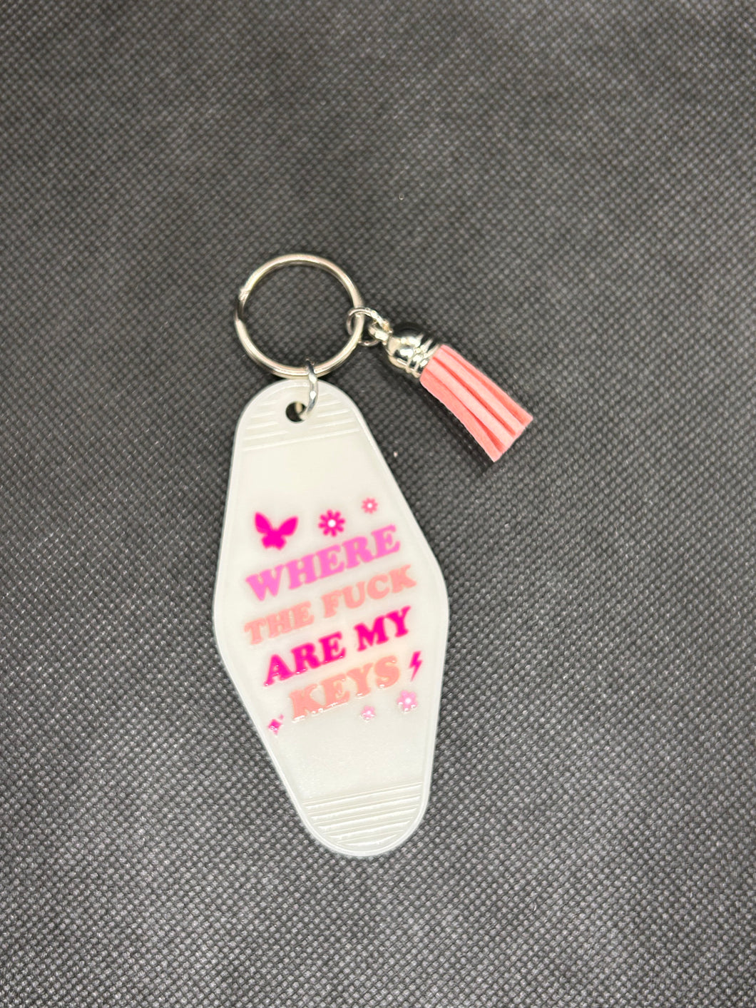 “Where the F are my keys” glow in the dark motel style keychain