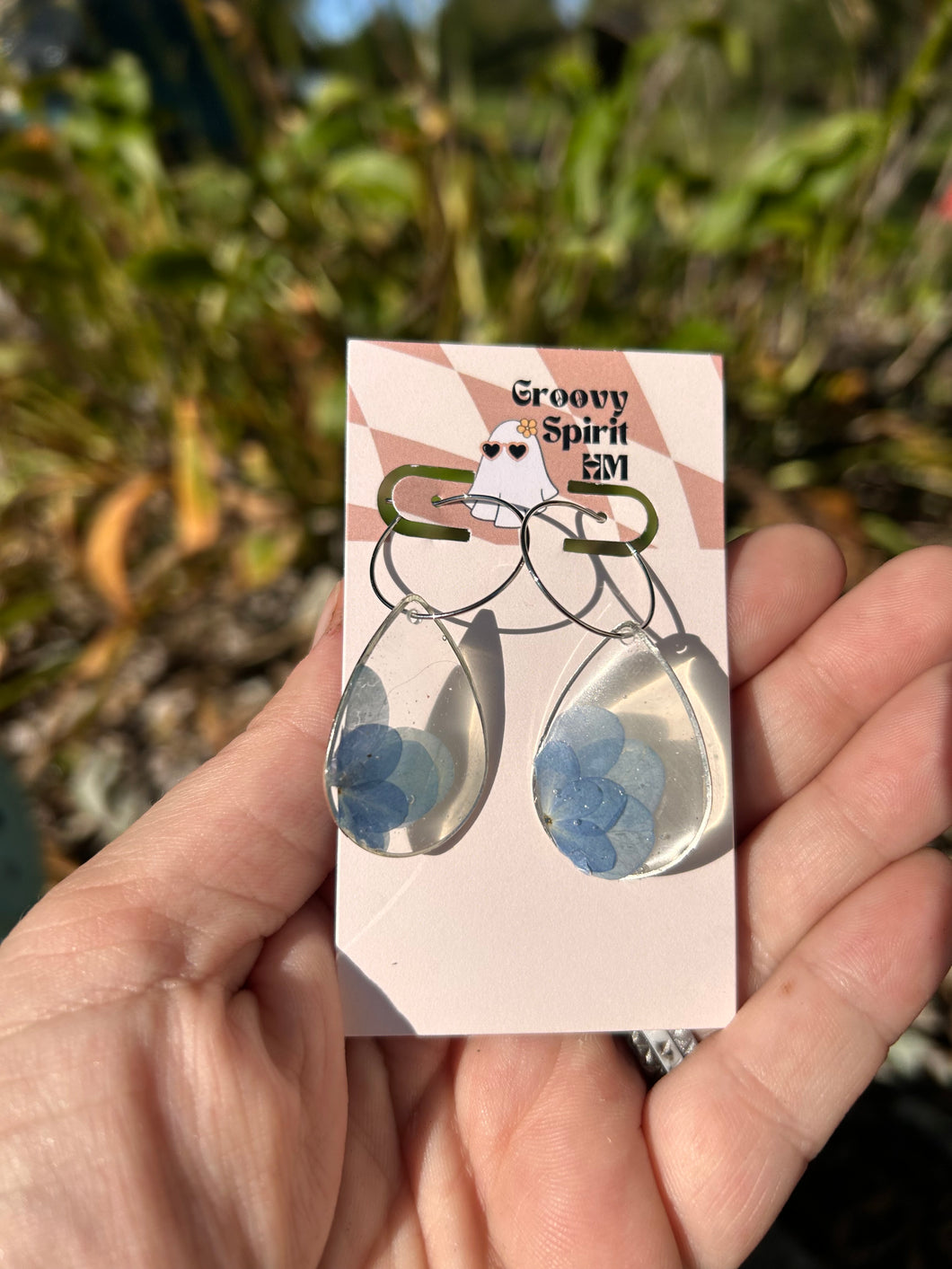 Silver tear drop blue hydrangea dangle earrings