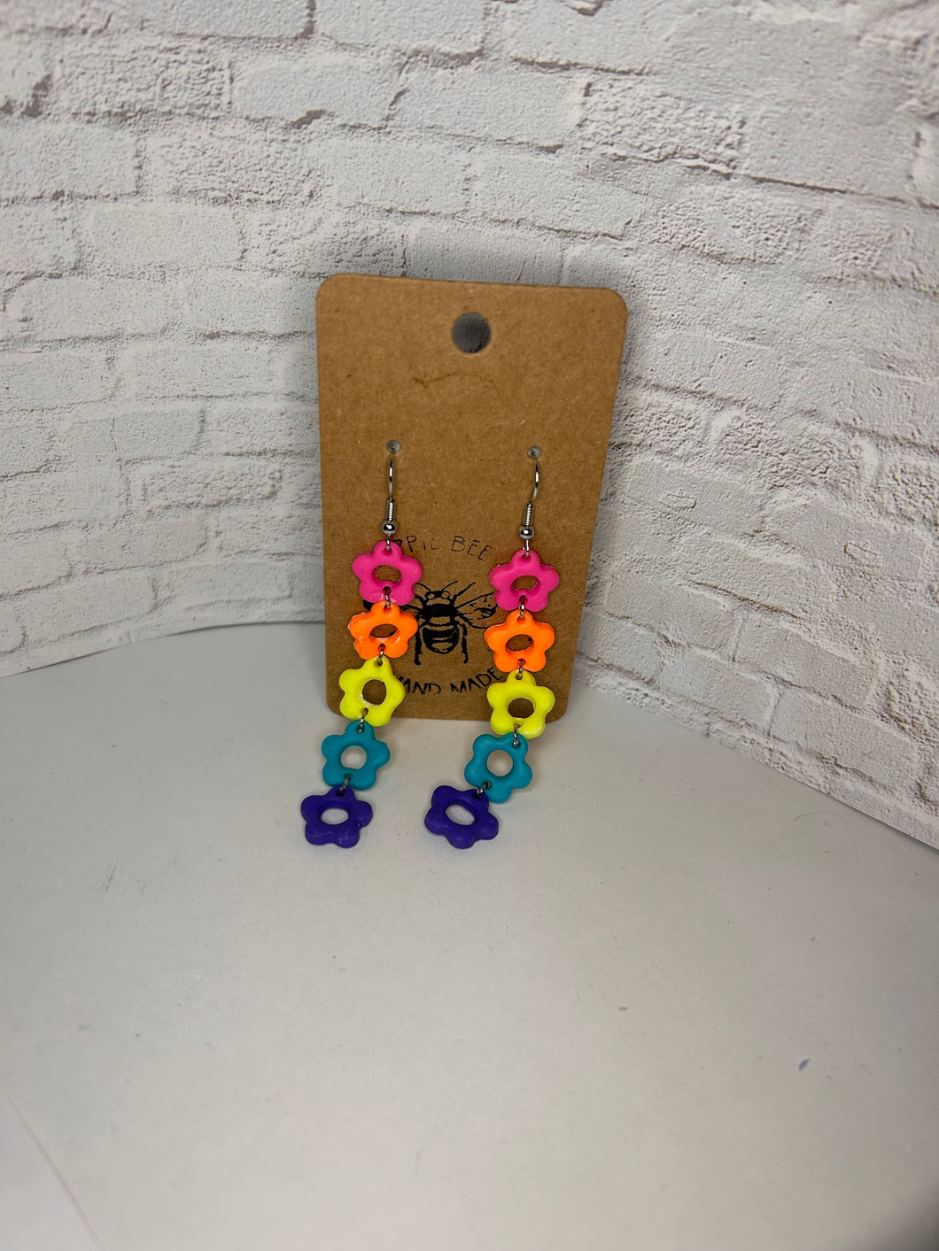 Rainbow retro groovy neon flower dangle chain earrings