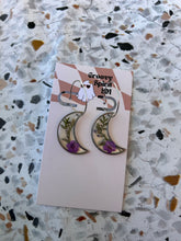 Load image into Gallery viewer, Purple floral and silver moon hoop earrings
