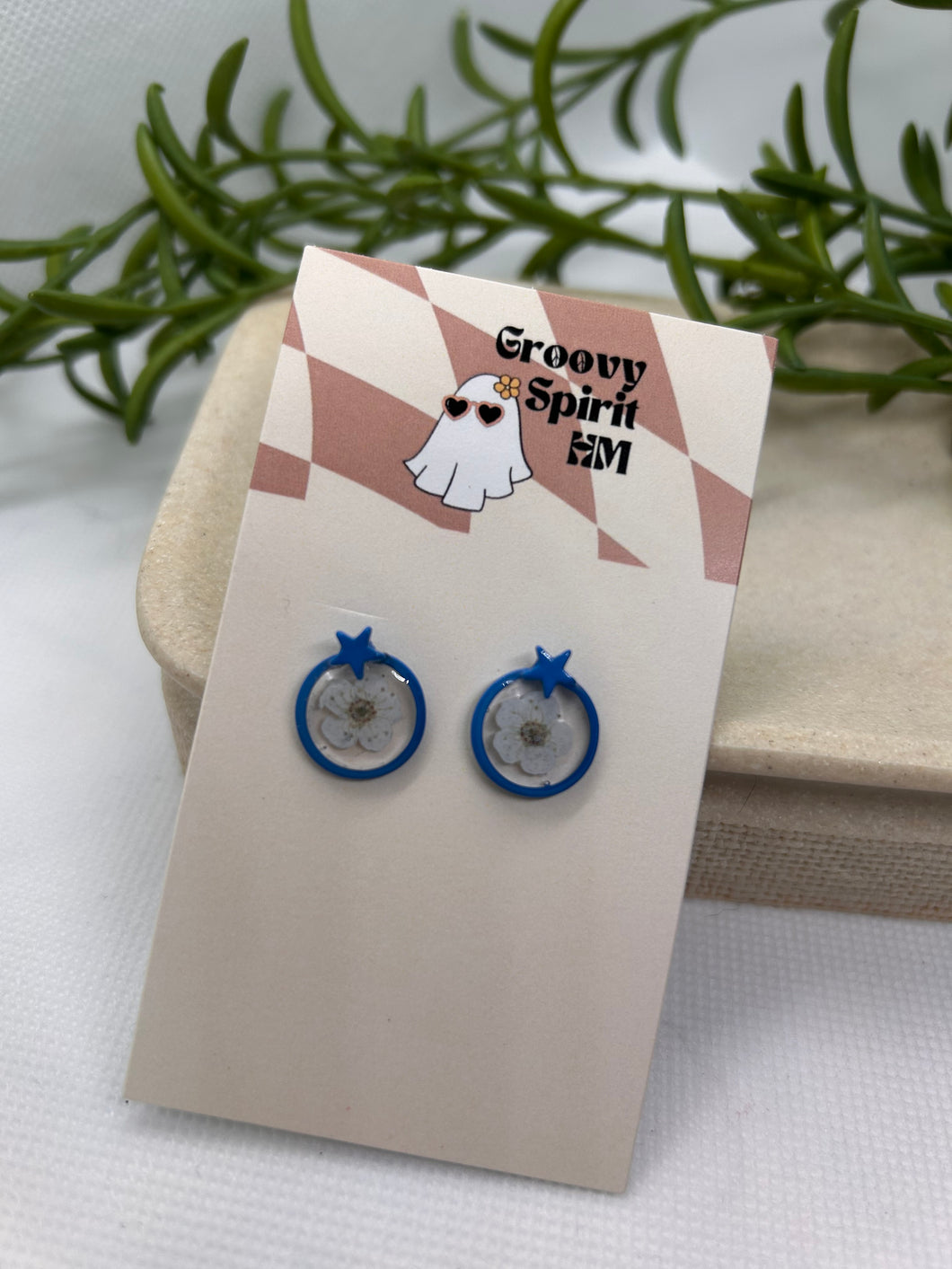 Blue star and white plum blossom stud earrings
