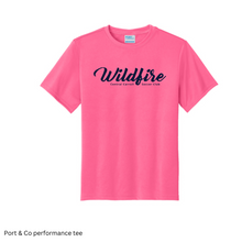 Load image into Gallery viewer, CCSC-WILDFIRE TEXT - Port and Co YOUTH performance tee- neon pink + navy
