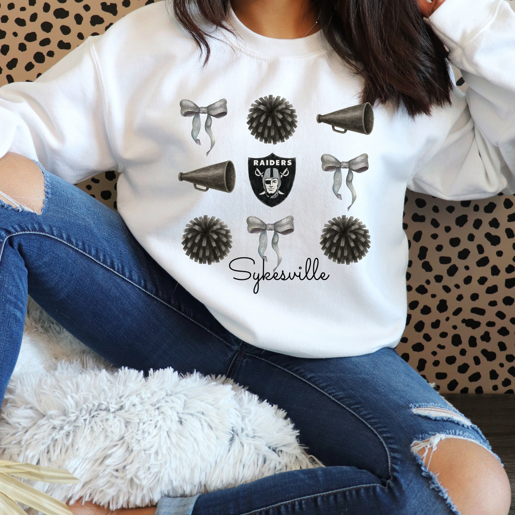 Sykesville Raiders cheer watercolor bows-  tee, long sleeve, hoodie, crewneck-white
