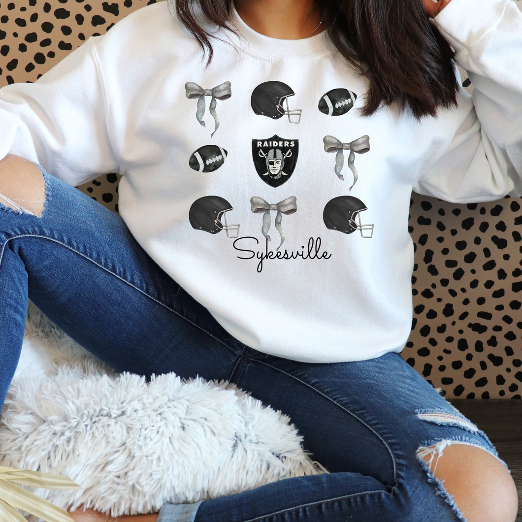 Sykesville Raiders football w/text  watercolor bows-  tee, long sleeve, hoodie, crewneck-white