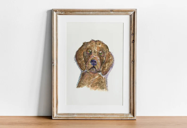 Brown doodle dog watercolor 5x7