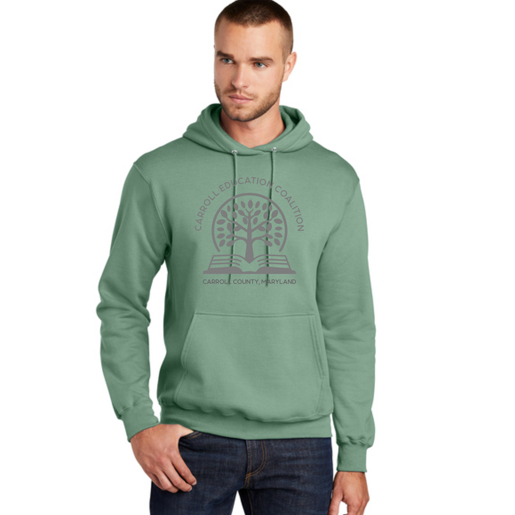 Carroll education coalition- sage hooded sweatshirt with gray design