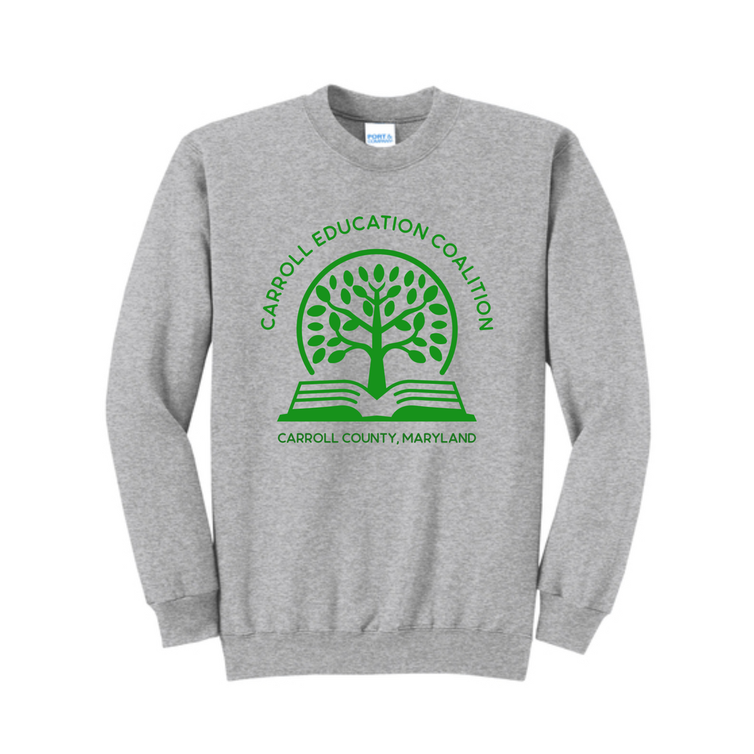 Carroll education coalition- gray crewneck sweatshirt with green design