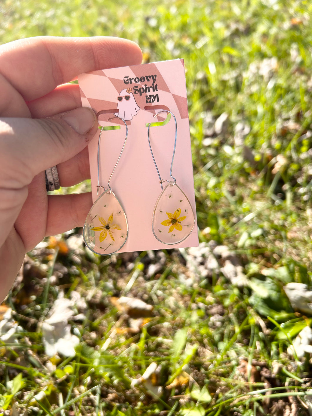 Yellow and white pressed floral tear drop hoop earrings