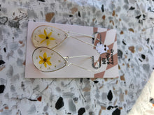 Load image into Gallery viewer, Yellow and white pressed floral tear drop hoop earrings
