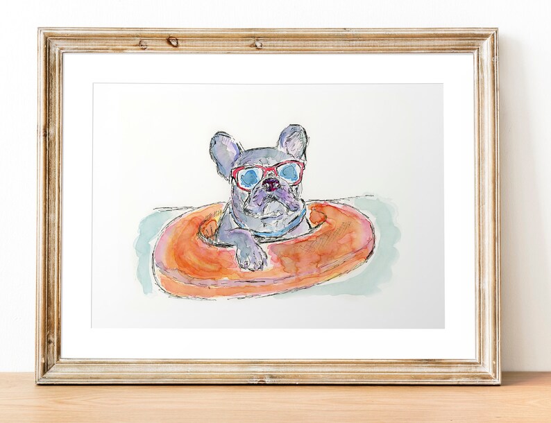 Frenchie summer watercolor 5x7 print