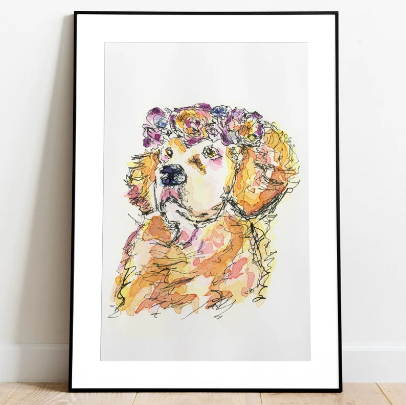 Golden Retriever Floral Watercolor 8x10 print