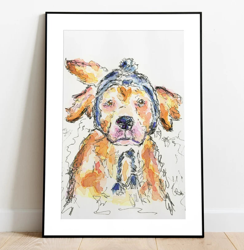 Golden Retriever Winter Hat Watercolor 8x10 print