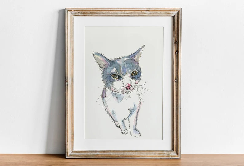 Grey Spotted Cat watercolor 5x7