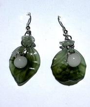 Load image into Gallery viewer, Silver Dangling Earrings with Vintage Glass Leaf Charms
