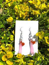 Load image into Gallery viewer, Silver Dangling Earrings with Vintage Glass Petal Charms
