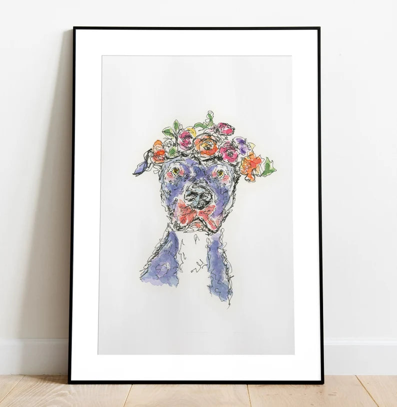 Pitbull floral crown Dog watercolor 5x7