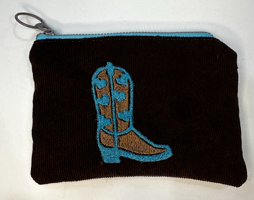 Blue and Brown Cowgirl Boot Corduroy Zipper Pouch