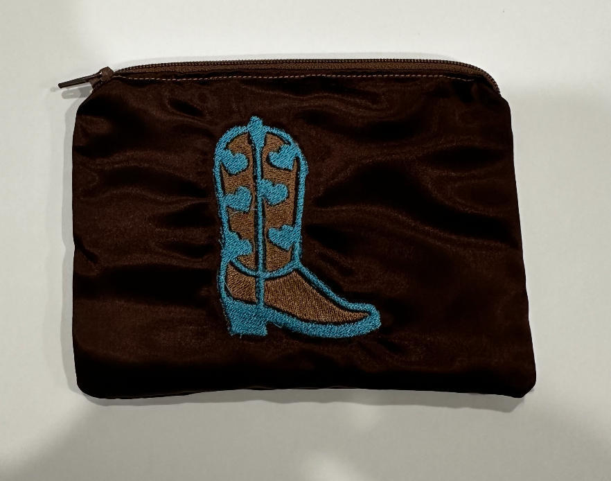 Blue and Brown Cowgirl Boot Satin Zipper Pouch