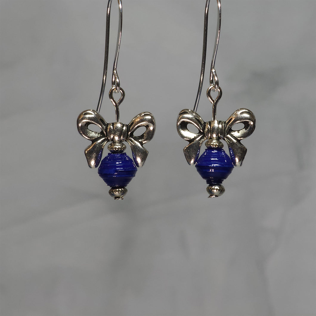 Silver Bow Blue Bead Earrings - 1-1/2