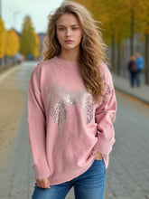 Load image into Gallery viewer, Sequin Bow Round Neck Long Sleeve Sweater
