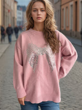 Load image into Gallery viewer, Sequin Bow Round Neck Long Sleeve Sweater
