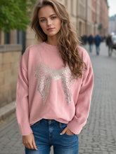 Load image into Gallery viewer, Sequin Bow Round Neck Long Sleeve Sweater
