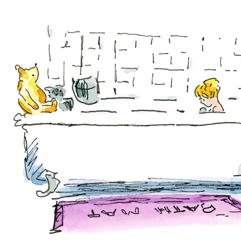 C Robin Pooh Tub Watercolor Illustration 8x10