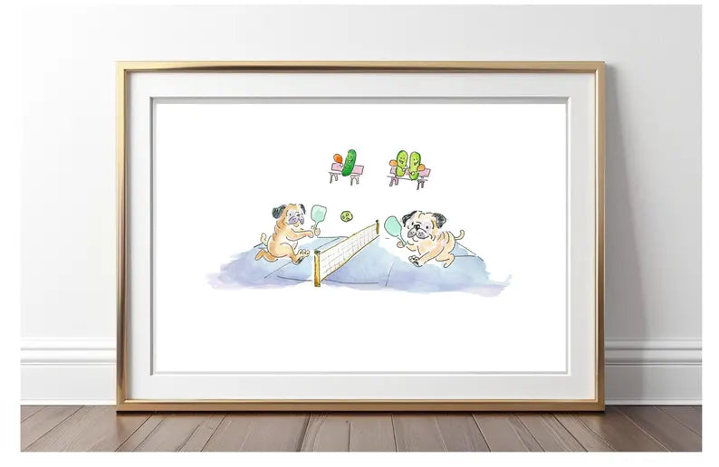 Pugs Playing Pickle Ball Watercolor Illustration 8x10 print