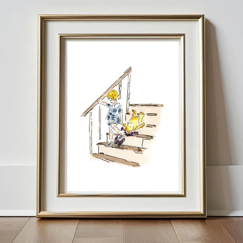 C Robin Pooh Stairs Watercolor Illustration 5x7